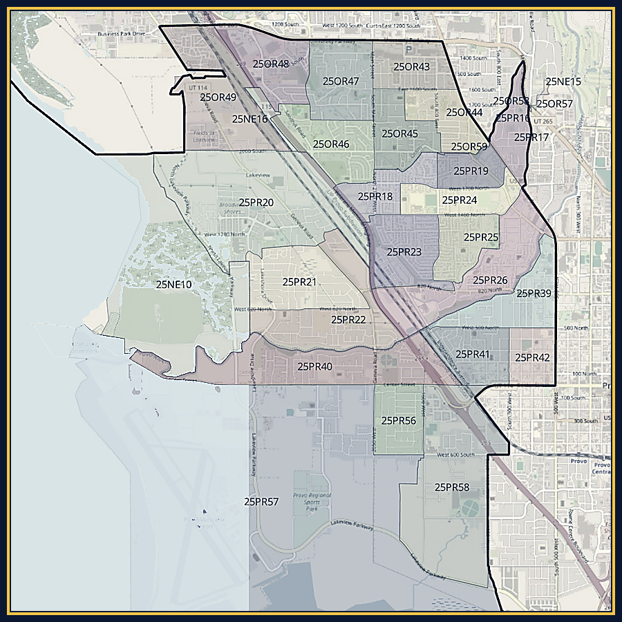 Detailed street map of the populated Orem and Provo portions of Utah House District 61